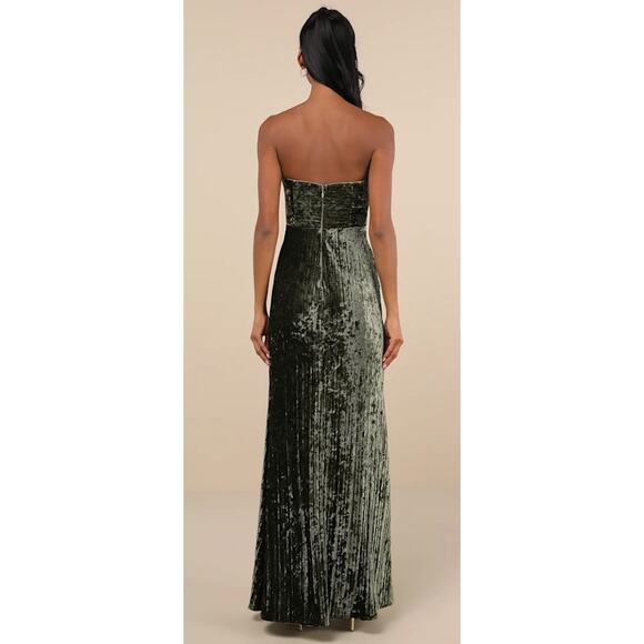 Lulus Olive Velvet Pleated Strapless Classy Sensation Maxi Dress Size S - Picture 9 of 14